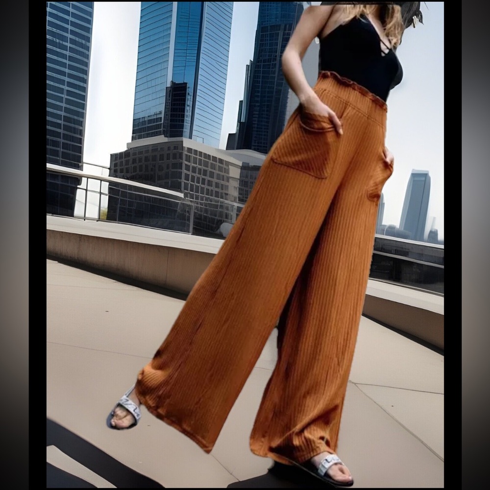 Free People Movement Blissed Out Pant Long Wide Leg Stretch Ribbed Brown - Picture 13 of 17